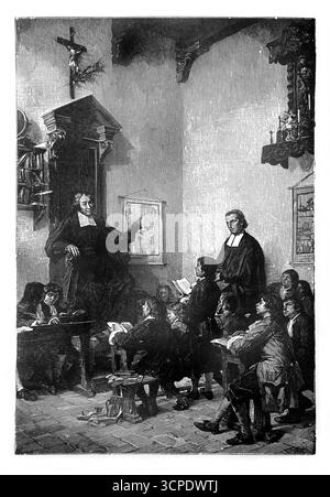 Illustration des seligen Johannes-Täufers de La Salle, der in der Schule lehrt, mit dem Kruzifix an der Wand nach Malerei von Mariani, die seinem holi präsentiert wurde Stockfoto