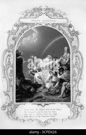 19. Jahrhundert Gravur von Noahs Opfer (1851) und Noah baute dem Herrn ein Alter und nahm jedes saubere Tier und jedes saubere Geflügel und jedes Opfer ab Stockfoto