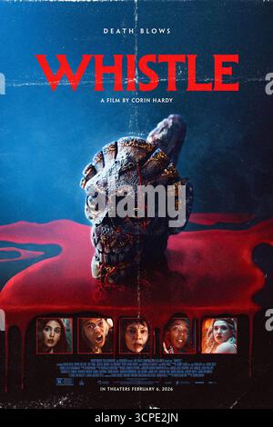 Whistle (2025) von Corin Hardy mit Dafne Keen, Sophie Nélisse und Sky Yang. Eine Gruppe von Schülern entdeckt eine aztekische Todespfeife, deren Explosion tödliche Folgen hervorruft. US-Poster NUR FÜR REDAKTIONELLE ZWECKE. Quelle: BFA/IFC Films Stockfoto