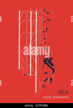 Ein minimalistischer Kunstdruck mit dem Layout des Seattle-Tacoma International Airport (SEA) in einem stilvollen Design Stock Vektor