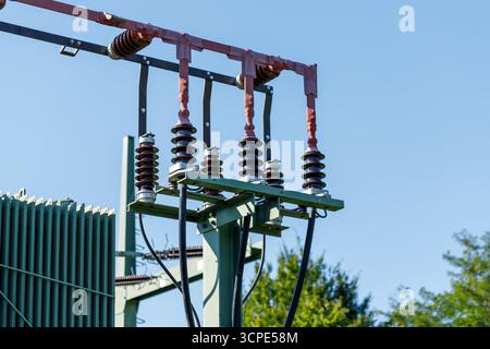 Elektrischer Transformator mit Isolatoren und Verkabelung vor klarem blauem Himmel mit teilweiser Sicht auf Kühlrippen und Bäume. Stockfoto