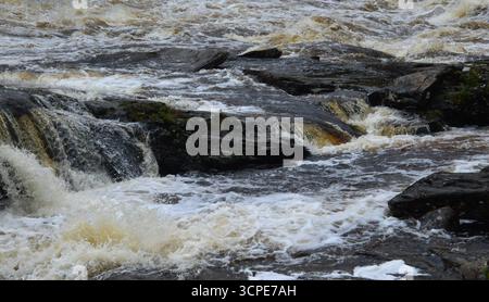 Rauschendes Wasser an den Falls of Dochart, Killin, Schottland. Nahaufnahme der turbulenten Stromschnellen im August, die die Kraft und Bewegung zeigen. Stockfoto