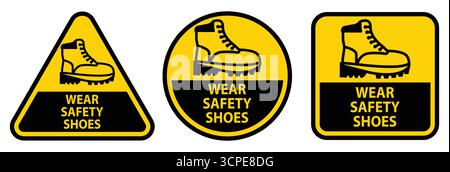 Sammlung von Warnschildern für Sicherheitsschuhe für Bau- und Arbeitsumgebungen. Diese Zeichen erhöhen das Sicherheitsbewusstsein und fördern den Schutz Stock Vektor