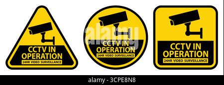 Set aus drei CCTV-Überwachungsschildern mit Kamerasymbolen und Alarmmeldungen. Ideal zur Anzeige der Videoüberwachung in verschiedenen Umgebungen für sichere Zwecke Stock Vektor