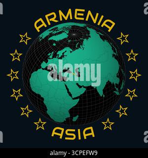 Armenien auf Globe. Runder Text für Land und Kontinent. Länderansicht auf Weltkarte in der Farbpalette Black Emerald. Armenien Form auf der Karte. Stock Vektor