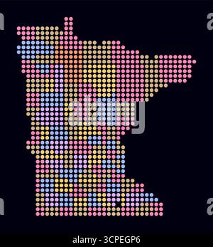 Minnesota gepunktete Karte. Digitale Stilkarte des Status auf dunklem Hintergrund. Minnesota-Form mit kreisförmigen Punkten. Farbige Punkte. Große Kreise. Stock Vektor