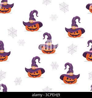 Nahtloses Halloween-Muster mit Kürbissen in Hexenhüten und Spinnweben Stock Vektor
