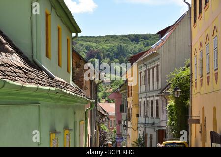 Farbenfrohe Häuser in Sighisoara Stockfoto