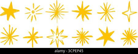 Goldener Buntstift handgezeichnete Sterne und funkelnde Sets. Gelber, rauer Pinselstrich, glänzender Elementsatz für Collage, Poster, Aufkleber, Etikett. Golden Doodle Sparks Kollektion. Skizzierte Bleistift-Sternchen. Vektor Stock Vektor