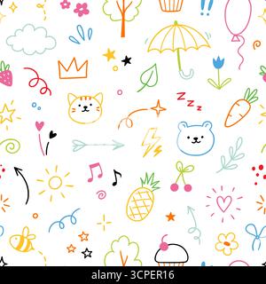 Niedliches, ikonisches Kindermuster. Nahtloses Vektormuster mit fröhlichem Tiergesicht und lustigen Zeichentrickelementen. Verspieltes, skizzenhaftes Design mit Herzen, Sternen und kreativen handgezeichneten Illustrationen Stock Vektor