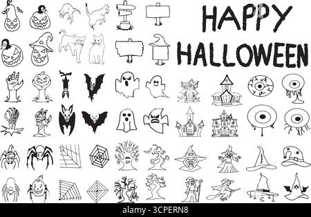 Digital handgefertigtes Halloween Essentials Icons Vektor-Set für gruselige Feiern und Designs Stock Vektor