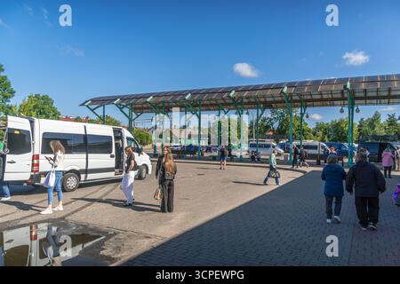 Busbahnhof in Grodno, Weißrussland, mit überdachtem Bahnsteig, Solarpaneelen, weißen Minibussen, Passagiere, die an sonnigen Sommertagen an Bord gehen Stockfoto