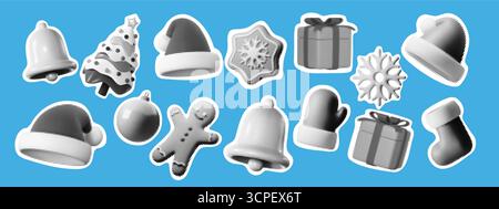 Retro-3D-Weihnachtssymbole mit Halbtonstruktur. Festliche Weihnachtssymbole wie Baum, Glocke, Fäustling, Hut, Schneeflocke, Geschenk und Besteck. Vintage Stock Vektor