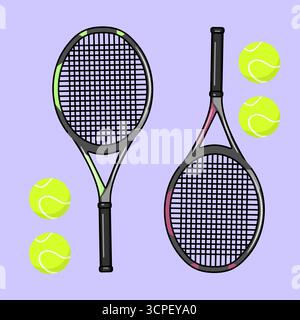 Tennisschläger und Bälle Illustration auf hellvioletter Vektor Illustration Cartoon Design Stock Vektor