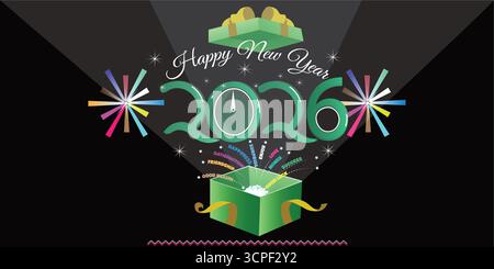 Frohe Neujahrsfeier 2026 mit Geschenkbox, Feuerwerk, Uhr, Funkeln, festlichem Design für Grußkarten, Poster, Banner und Feiertagsveranstaltungen. Stock Vektor