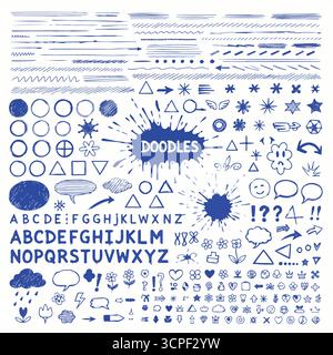 Schulbrettdesign mit Kritzeleien und Kritzeleien für Kinder. Grafiksatz - Pfeile, Kreise, Sterne, Skizze, Textmarker, Pinsel, Kritzeleien und Kritzeleien Stock Vektor