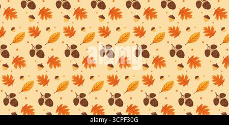 Herbstmuster mit Blättern, Eicheln und Tannenzapfen auf beigem Hintergrund. Stock Vektor