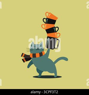 Feiern Sie den Welt-Kaffeetag mit einer charmanten Katze, die Kaffeetassen ausbalanciert und eine Schal-Vektor-Illustration Stock Vektor