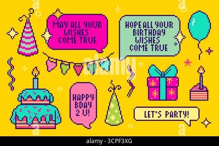 Pixel-Geburtstagsparty-Set mit verpacktem Geschenk, Ballons und Kuchen mit Kerze, festliche Fahnen für Retro-Feiern. Sprechblasen mit Grüßen auf gelbem Hintergrund für Glückwunschkarten. Stock Vektor