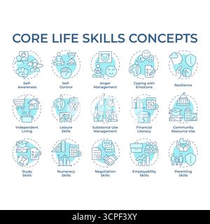 Core Life Skills sanfte blaue Konzeptsymbole Stock Vektor