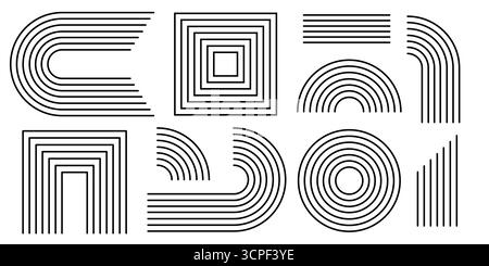 Geometrische Linienmuster mit Bogen- und Regenbogenformen für minimalistisches Design – Quadrate und Kreise, Kurven und parallele Striche. Schwarze Konturen auf weiß für moderne Branding- oder Architekturgrafiken. Stock Vektor