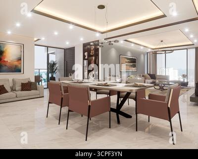 Luxuriöses, offen gestaltetes Interieur mit modernem Esszimmer mit Mauve-Stühlen und elegantem Wohnbereich Stockfoto