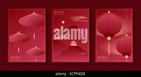 Chinesisches Neujahrsgrußkarten-Set. Vektorillustration der goldenen Regenschirme, asiatisches Haus auf Berg, Papierlaternen auf rotem Farbverlauf Hintergrund, traditionelles orientalisches Design, Feiertagsposter Layout Stock Vektor