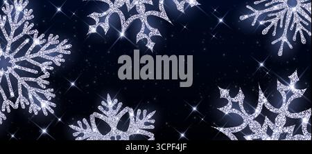 Silberne Schneeflocken funkeln auf schwarzem Hintergrund. Realistische Vektor-Illustration des nahtlosen Musters mit Eisschneestern und glänzenden Kristallen, Dekoration für Weihnachtsgrußkarte oder Weihnachtsgeschenk Stock Vektor