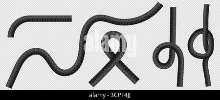 Schwarze Seilsegmente mit Knotenformationen isoliert auf transparentem bg für nautische oder maritime Designelemente. Verdrehte Kordelstücke mit Schlaufen, Kurven und geflochtener Textur für Segel- oder Kletterausrüstung Stock Vektor