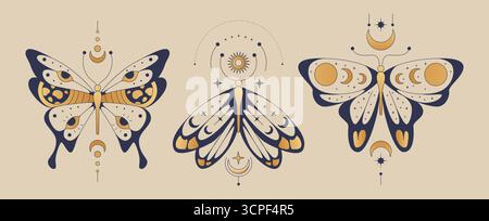 Mystischer Mondschmetterling in Boho-Designs mit Himmelselementen - marineblaue und goldene Flügel mit Sonne, Halbmond und Sternen. Dekorative Motten mit Mondphasen für spirituelle Kunstwerke oder Bohème-Dekor. Stock Vektor