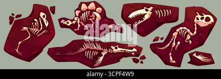 Dinosaurierfossile Skelettfragmente und Knochen im Boden für paläontologische Exponate. Archäologische Exemplare von Stegosaurus, Meeresreptilien und Raubtieren, die in Stein eingebettet sind. Museumsillustrationen. Stock Vektor