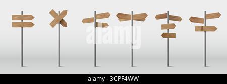 Hölzerne Pfeilschilder auf Metallpfosten mit Richtungstafeln für rustikale Wegsuche und Navigation im Freien. Wegmarkierungen mit oder Zeigerplanken für Parks und Campingplätze. Holzführungssystem. Stock Vektor
