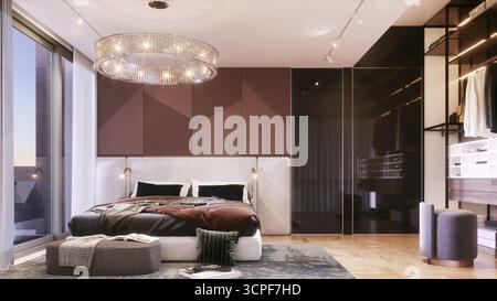 Luxuriöses Hauptschlafzimmer mit geometrischer Akzentwand und Kristallleuchter Stockfoto