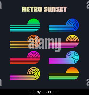 Farbenfroher Sonnenuntergang im Vintage-Stil. Verschiedene gestreifte Sonnenaufgangsabzeichen im Stil der 80er und 90er Jahre. Blick auf Sonne und Meer, Sommerstimmung, Surfen. Designelement für Stock Vektor