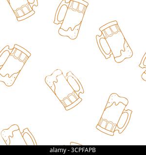 Bier Octoberfest nahtloses Muster. Volle Bierbecher mit Schaum. Hand gezeichnet braune Linie Grafik Vektor-Illustration im Doodle-Stil isoliert auf Stock Vektor