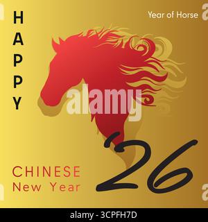 Designvorlage für festliche Illustrationen, Grußkarten und Banner. Chinesisches Neujahr 2026 Jahr des Pferdes. Goldenes und rotes Feuer. Minimalistisch Stock Vektor