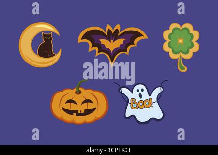 Niedliches Halloween Set Katze, Fledermaus, Geist, Kürbis, Glücksklee. Feiertagsaufkleber flache Vektor-Illustration. Stock Vektor