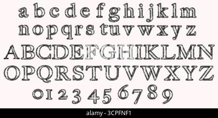 Handgezeichnete Grunge-Buchstaben und -Zahlen. Vektorabbildung. Stock Vektor