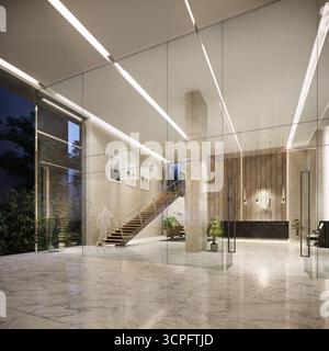 Luxuriöse, moderne Hotellobby bei Nacht mit großer Treppe, Glaswänden und Rezeptionstresen Stockfoto
