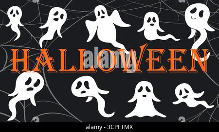 Banner mit Geistern und Webs auf dunklem Nachthintergrund. Satz fliegende Geister, Vektorgrafiken Stock Vektor
