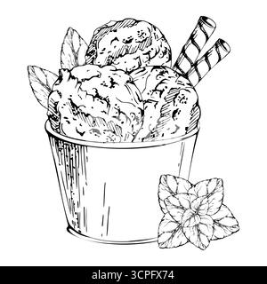 Eislöffel mit Sorbet-Eis, serviert mit gerollten Waffelstäbchen und Minzblättern im Plastikbecher. Vektorgrafik handgezeichnet in Stift und Tinte Stock Vektor