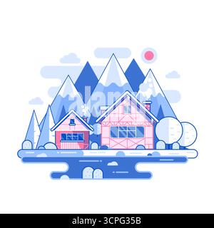 Schnees Winterdorf in den Bergen in Line Art Stock Vektor