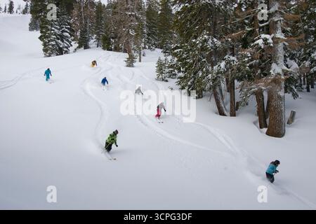 Eine Gruppe von Skifahrern führt an einem wunderschönen Tag in Kirkwood, Kalifornien, eine schneebedeckte Piste durch tiefen Tiefschnee hinunter. Stockfoto