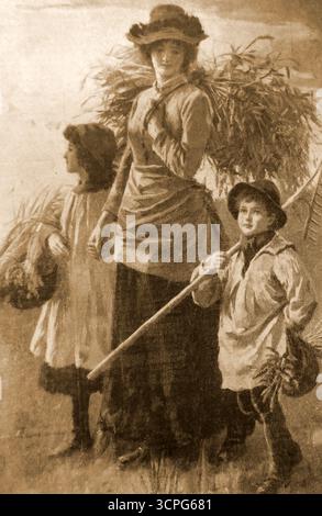 1908 - Eine Familie, die nach der Ernte aussortierten Mais sammelt. Dies war einst eine gängige Praxis in Großbritannien, als Landwirte es Einzelpersonen erlaubten, durch das Sammeln von Getreideanbau zu säubern, um ihr eigenes Mehl herzustellen/ Stockfoto