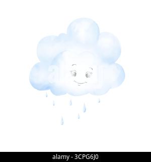 Eine flauschige Wolke mit Augen blickt auf die Regentropfen. Digitale Illustration mit Aquarell. Eine lustige blaue Wolke lächelt, isoliert auf weißem Hintergrund. Fo Stockfoto