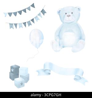 Blauer Teddybär und Kinderwürfel mit Sternen. Aquarellabbildung. Ballon, Band und Girlande mit blauen Fahnen, isoliert auf weißem Hintergrund Stockfoto