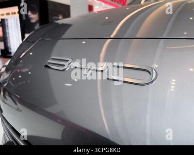 Poznan, Polen – 20. September 2025: Nahaufnahme des BYD-Logo-Emblems auf einem eleganten, grauen Elektrofahrzeug, in dem fortschrittliche Fahrzeugtechnologie und Sustai hervorgehoben werden Stockfoto