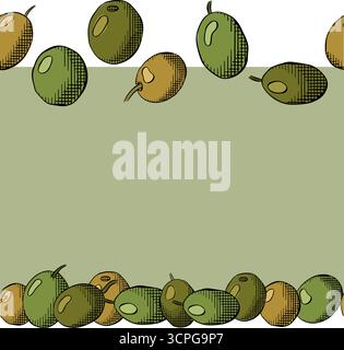Horizontale Rahmenvorlage mit nahtlosem Rand aus Olivenbeeren. Vektorgrafik Linie farbige Illustration. Olivenkranz für die mediterrane Ernährung. Für Poster, Stock Vektor