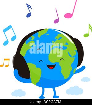 Happy World Karte mit Kopfhörern und Musiknoten. Niedlicher Planet Earth-Cartoon, der Musik hört. Internationaler Musiktag. Vektorabbildung Stock Vektor