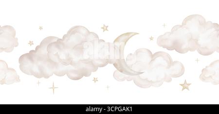 Horizont nahtlose Grenze mit handgezeichneter Aquarellillustration des Mondes mit Sternen und Wolken für Kinderzimmer Wandkunst in hellem Pastellbeige Gelb Stockfoto